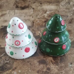 Festive Ceramic Christmas Tree Salt & Pepper Shakers - White and Green